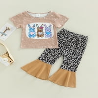 Toddler Baby Girl Usched Outfit Crtani zečevi Ispiši majicu kratkih rukava na vrhu Leopard flared duge hlače Ljetna odjeća 2-7Y