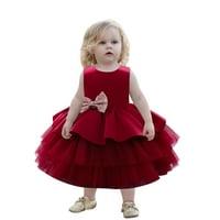 Djevojčica za rođendanski haljina za zabavu Čvrsta bowknot slatka za odmor bez rukava lijepa opuštena udobna princeza haljina okrugla vrata tire mrežica ruffle hem crvena 120