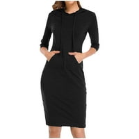 Haljine za žene plus veličine ženske posade vrat rukave s poklopcem Srednjeg duljina čvrstog džepa povremene haljine crne m