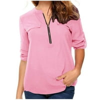 Žene Majice sa čvrstim bluzama Kašika Zip V-izrez Tees Chiffon Tunic Plus Veličina Frug Thirs Pink XXXL
