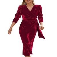 MubIneo Women Fall Elegant Midi haljina Velvet Bodycon haljina od pune boje V-izrez Duge rukave s dugim