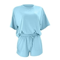 Ženske ljetne odjevne gaćice postavljaju kratki rukav okrugli izrez na vrhu bluza i kratke hlače sa džepovima nebeski plavi 8