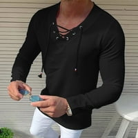 DTIDTPE T majice za muškarce, mužjak čvrste pamučne posteljine V izrez za bluzu iz vrata majica muški dugi rukav