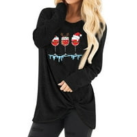 Popust Ženska modna dukserica Božićno crveno vino Glass Santa Hat Grafički tisak Dugih rukava bluza Okrugli vrat Kink Casual Pulover Twist Knot Tops Black XXL