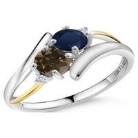 Gem Stone King 1. CT okrugli plavi safir smeđi dimljeni kvarcni srebrni i 10k žuto zlatni prsten