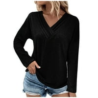 Bazyrey ženske dugih rukava plus veličina V-izrez casual majica bluza modna majica čvrsti pulover crni, s