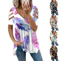 Ženski modni casual sa patentnim zatvaračem s V-izrezom tiskani s kratkim rukavima s kratkim rukavima, bluza xxxl