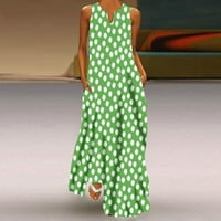 Ženska casual labava tiskana haljina na plaži V-izrez džepne haljine bez rukava zelena