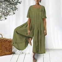 Ženska pamučna posteljina modna casual solidna boja kratki rukav labav dugačak široki skok za noge Green