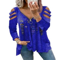 Cindysus Women TEE dugi rukav majica V izrez T Majica Jesen Pulover Ležerne prilike za bluzu tunike Peacock Blue 4XL