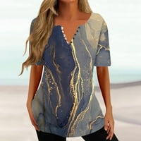 HHEI_K Ljetne košulje za žene Print V izrez kratkih rukava za ispisano dugme za bluzu