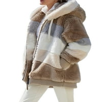 Herdignity Ženski kontrastni boja patentni zatvarač plišani kaputić kaputi jesen zima topla jakna s kapuljačom sa džepom