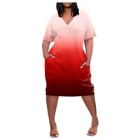 Ovitcza Thirt haljina za žene V izrez Dužina koljena kratka rukava Ženske casual haljine CALF Dužina s džepovima Shift Tie Dye Sendresses preko crvene 4xl