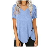 Bazyrey ženski kratki rukav ženski V-izrez čvrsta bluza moda ljeto s trendi nepravilnih košulja seksi t majica dugmad s običnim dnevnim tisovima plava 2xl