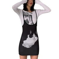 Ženska špageta remenske haljine Kitten Print Y2K Slim Fit Bodycon kratka haljina, crna