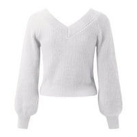 Mveomtd Ženska modna solidna boja dugi rukav V izrez Loose pleteni džemper za pulover preko dukseva za muškarce bijele boje