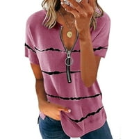 Pfysire Women Zip V izrez kratki rukav s prugaste majice Ljetna bluza Pinks 2xl