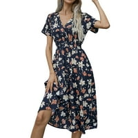 Ljetna haljina za žene cvjetni print casual labav V-izrez kratki rukav A-linijski plažni maxi haljina