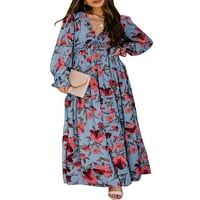 Alvaq ženska casual maxi haljina cvjetni dugi rukav V-izrez ruffle elegant koktel ljuljačka haljina ženka