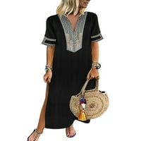 Glonme Dame Long Haljina V izrez Ljeto plaža Sundress cvjetni print Maxi haljine Bohemian Vintage Kaftan kratki rukav crni 2xl