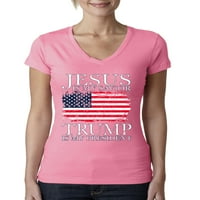 Divlji Bobby Isus je moj Spasitelj Trump je moj predsjednik vjerski ponos američki zastava političkim ženama Junior Fit V-izrez, vruće ružičaste, male