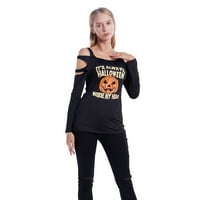 Xmarks Women Halloween Pulover Square Cut Cut Hollow Bundkin tiskani dugih rukava Lood Fit Top Majica