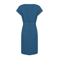 Freshlook Ženska modna ljetna čvrsta boja Crewneck kratki rukav Džepne haljine Ležerne haljine za žene plus veličine, plava l