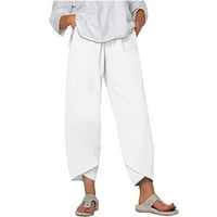 Ženske ljetne casual labave pamučne i posteljine vezene hlače široke noge, bijele