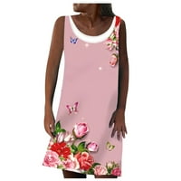 Ljetne haljine za ženska haljina za odmor za odmor od tiskani mini okrugli izrez mini bez rukava ružičasti