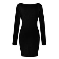 Puntoco Ženska haljina, ženska haljina čista boja V-izrez V-izrez, mini haljine s dugim rukavima crne