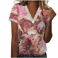 Yyeselk bluze za žene Business Casual Crochet Eyelet Patchwork V-izrez kratkih rukava Tunic Tops Modna gradijentna boja Ljeto majice Pink XL