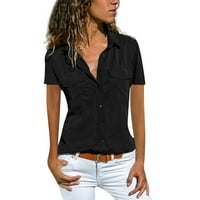 DrpGunly ljetni vrhovi casual puni kratki rukav isključite košulje na ovratniku majice vrhovi za žene bluze za žene poliester crna s
