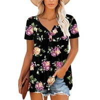 Fnohy ženska majica Clerance casual s kratkim rukavima Ljetna tunika okrugla vrat cvjetni tiskani majice kratki rukav bluza na dlaku sa ruffle hem