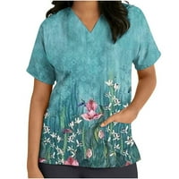 Ženski bluze Žene Modni tisak Kratki rukav V-izrez V-izrez Vrhovi radne uniforme džepove bluza cijan