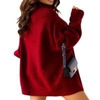 Ženske pletene džempere dugih rukava s dugim rukavima, skakač visoki vrat labav pulover u boji Crveni