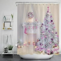 Sretan božićni tuš za zavjese Xmas stabla prekrivena ružičastim kuglice pokloni kamin tkanina sa kukama zimski kupatilo