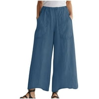 Absuyy casual pantalone za žene ljetni elastični struk ravne patve i posteljine duge hlače plave veličine