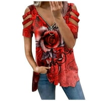 Žene Ljeto vrhovi ženska labava moda V-izrez Pola zip kratkih rukava cvjetne majice crvene 3xl