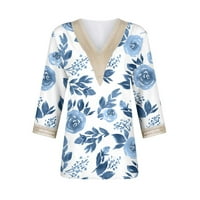 Gotyoou ženska cvjetna guipure majica čipka dubokim V izreznim rukavima Ispiši labav tee gornji nebo plavi s