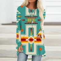 Tuntovi tunike za žene labave fit casual vintage Western Aztec Ispis Crewneck košulje s dugim rukavima Dame Dressive bluze