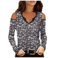 Ženska modna ležerna štampa dugih rukava V-izrez čipkasti patchwork majica