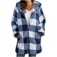 Pejock Ženska modna zimski kaput s dugim rukavima Zip Up Fau Shearling Shaggy Prevelika jakna s otvorenim prednjim rukom Držite topla karirana kabela kaputa