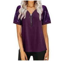 Prevelike majice za žene plus veličine kratkih rukava Bluze Regularne fit t majice Pulover tinejdžeri vrhovi čvrstih majica V izrez na vratu Casual Bluzes Purple XXXL