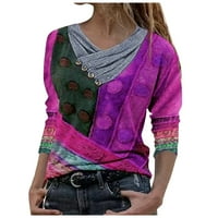 Ljetni ženski bluze grafički otisak dugih rukava bluza plus veličine ženske plus košulje V-izrez na vrhu ljubičaste xl