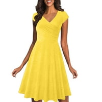Clearsance Ljetne haljine za žene Čvrsta koljena duljina a-line rukava modna haljina s V-izrezom zlatna