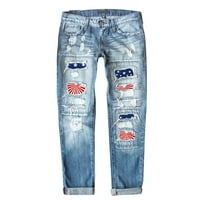 Dan nezavisnosti Žene Jeans Ispisint Ripped Slim patentne pantalone sa džepovima Black_ XXL