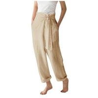 Solidne lounge hlače za žene široka noga elastična slobodno vrijeme pamučni posteljina casual pantalona