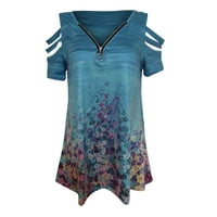 Ženski bluze Ljeto Ženski vrhovi V-izrez patentni zatvarač Pulover Print kratkih rukava labav majica svijetlo plava xxxxxl
