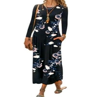 Ženski ženski cvjetni ispisani džep dugi rukav okrugli vrat dugačka haljina