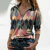 Tking Fashion Womens dugih rukava BologBlock vrhovi Ljetni casual V izrez Zip prednje košulje Bluza Multicolor 3xl